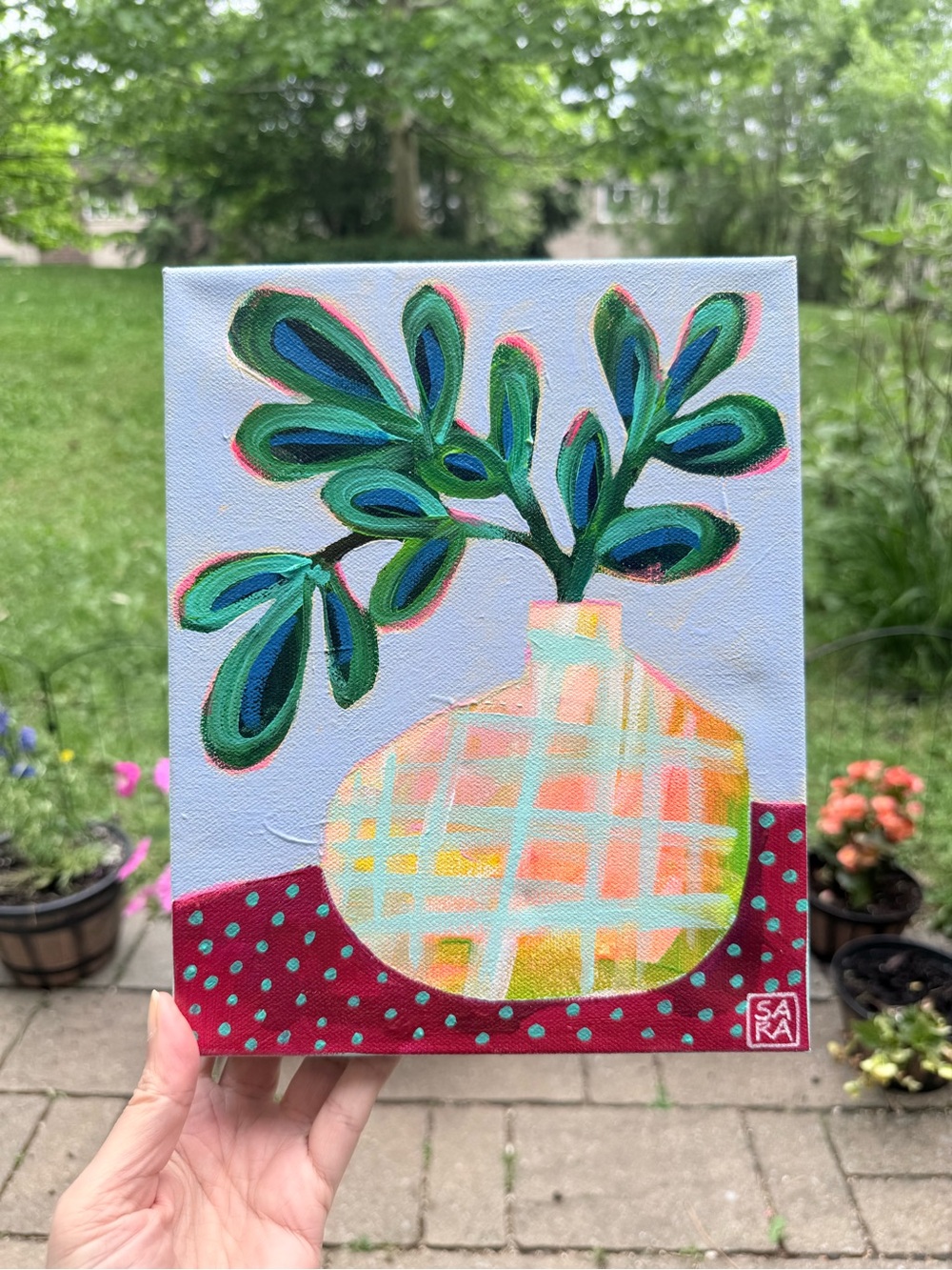 Hand-Painted Green Leaf Vase Canvas Art by Sara Purves